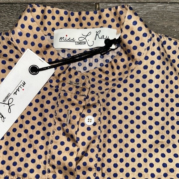 NWT Miss L Ray London Polka Dot Tan Beige Collarless Blouse - Picture 3 of 6